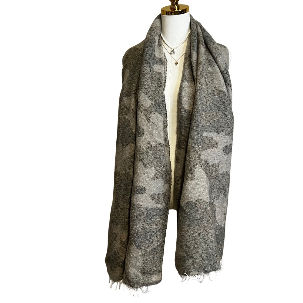 Versona Camo Print Oversized Blanket Scarf Grey Taupe Fringed Wrap One Size